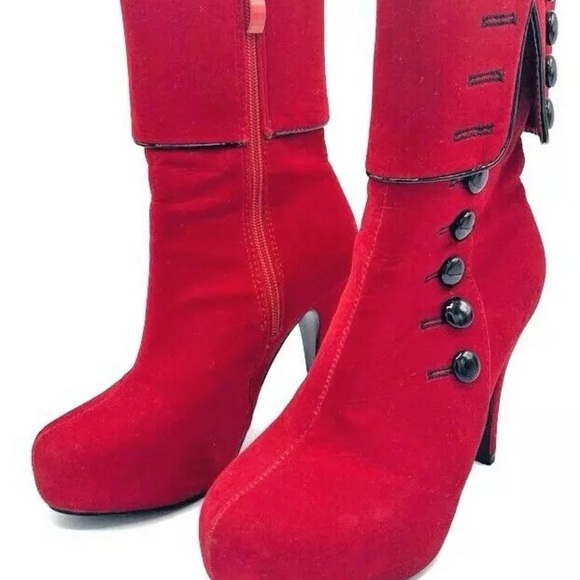 Crape Myrtle Red Velvet Heel Boots with Buttons - Picture 2 of 12